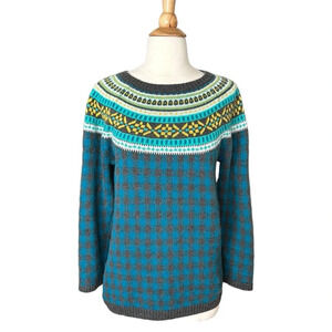 Talbots Blue and Yellow Patterned Crew Neck Sweater